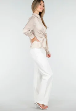 Blouse met Lange Mouwen in Beige Satijn