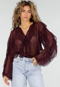 Bordeaux Chiffon Blouse met Ruffles en Lange Mouwen