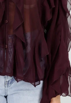 Bordeaux Chiffon Blouse met Ruffles en Lange Mouwen
