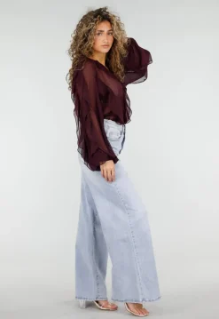 Bordeaux Chiffon Blouse met Ruffles en Lange Mouwen