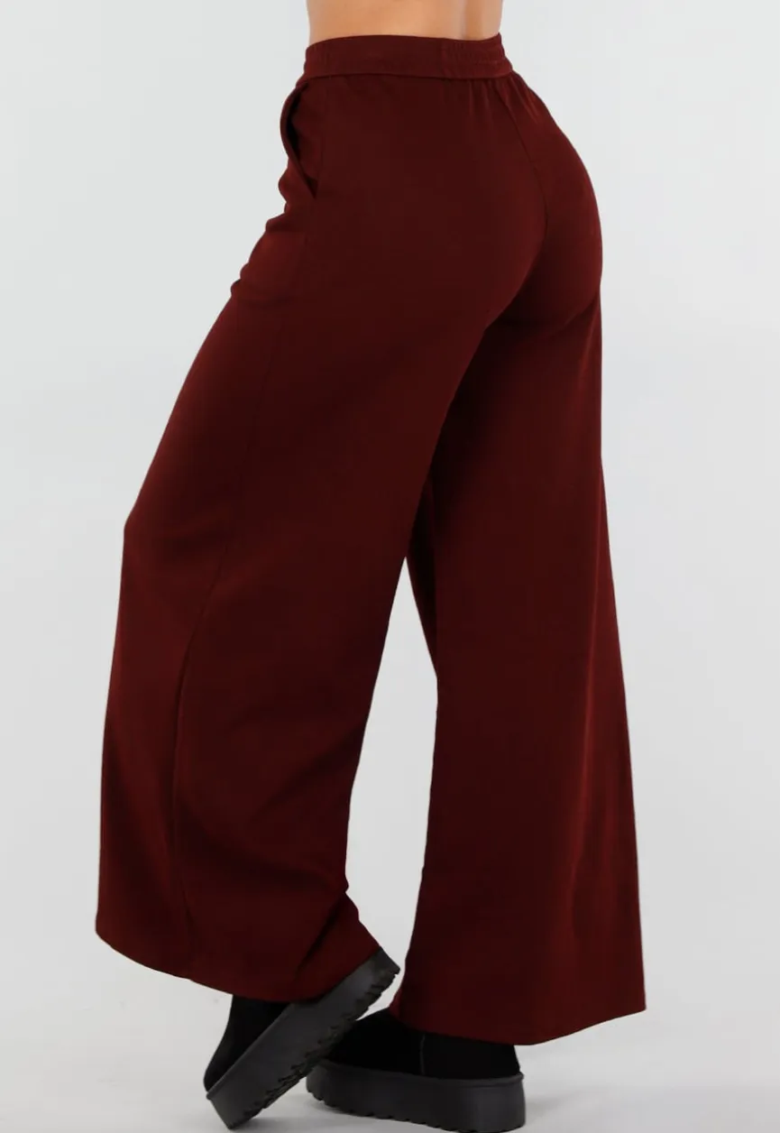 Bordeaux Fleece Lounge Broek met Wijde Pijpen
