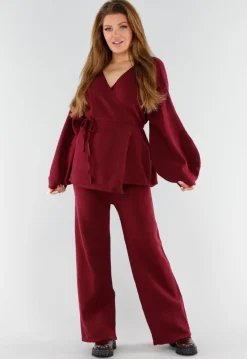 Bordeaux Gebreide Set met Overslag Top en Wijde Broek