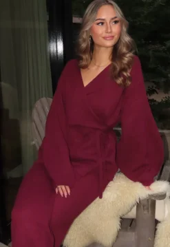 Bordeaux Gebreide Set met Overslag Top en Wijde Broek