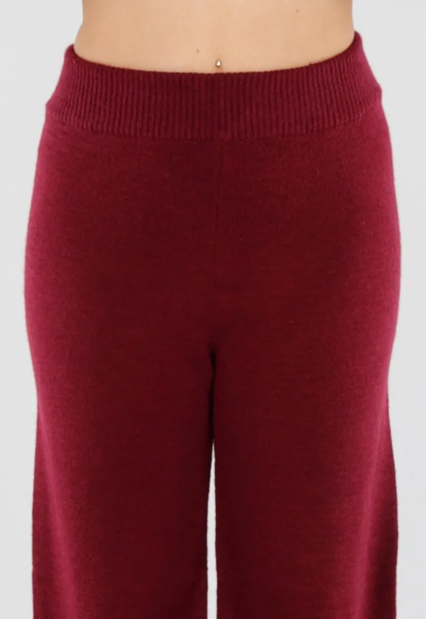 Bordeaux Gebreide Set met Overslag Top en Wijde Broek