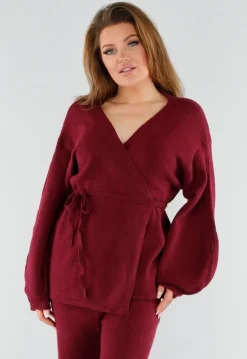 Bordeaux Gebreide Set met Overslag Top en Wijde Broek