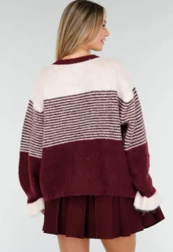 Bordeaux Gestreept Vest met Knoopsluiting en Contrasterende Boorden