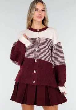 Bordeaux Gestreept Vest met Knoopsluiting en Contrasterende Boorden