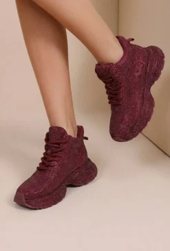 Bordeaux Glitter Sneakers met Hoge Schacht en Veters
