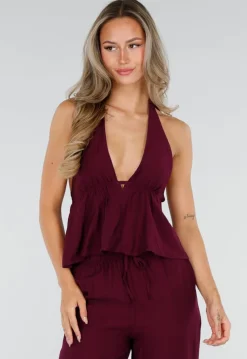 Bordeaux Halter Top en Wide Leg Broek Set met Open Rug