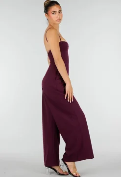 Bordeaux Jumpsuit met Smalle Bandjes en Wijde Pijpen