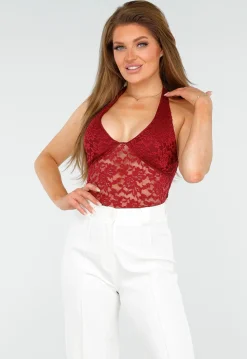 Bordeaux Kanten Haltertop met Open Rug en Stretch