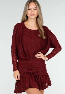 Bordeaux Kant Jurk met Lange Mouwen en Stretch