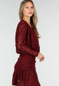 Bordeaux Kant Jurk met Lange Mouwen en Stretch