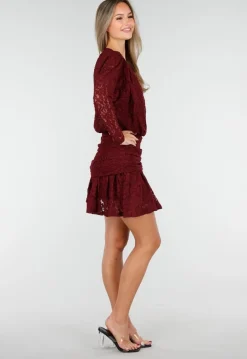 Bordeaux Kant Jurk met Lange Mouwen en Stretch