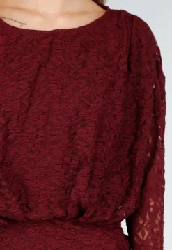 Bordeaux Kant Jurk met Lange Mouwen en Stretch