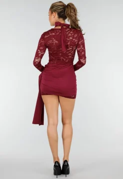 Bordeaux Kant Jurk met Lange Mouwen en Gedrapeerd Detail