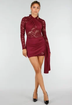 Bordeaux Kant Jurk met Lange Mouwen en Gedrapeerd Detail