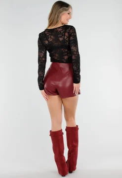 Bordeaux Lederlook Skort met Split En Blinde Rits