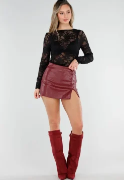 Bordeaux Lederlook Skort met Split En Blinde Rits