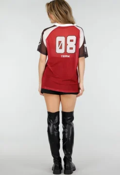 Bordeaux Mesh Jersey T-Shirt met Print en V-hals