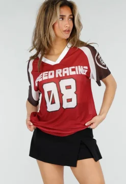 Bordeaux Mesh Jersey T-Shirt met Print en V-hals