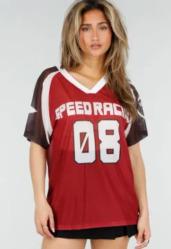 Bordeaux Mesh Jersey T-Shirt met Print en V-hals