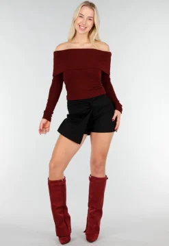 Bordeaux Off Shoulder Top met Lange Mouw