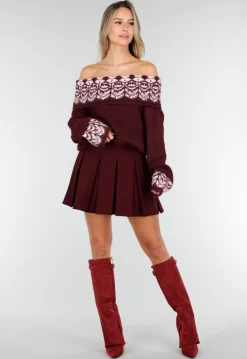 Bordeaux Off Shoulder Trui met Fair Isle Motief en Lange Mouwen