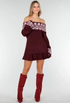 Bordeaux Off Shoulder Trui met Fair Isle Motief en Lange Mouwen