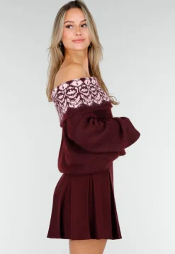Bordeaux Off Shoulder Trui met Fair Isle Motief en Lange Mouwen