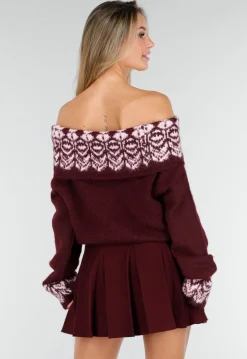 Bordeaux Off Shoulder Trui met Fair Isle Motief en Lange Mouwen