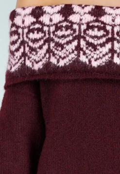Bordeaux Off Shoulder Trui met Fair Isle Motief en Lange Mouwen