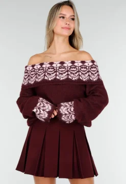 Bordeaux Off Shoulder Trui met Fair Isle Motief en Lange Mouwen