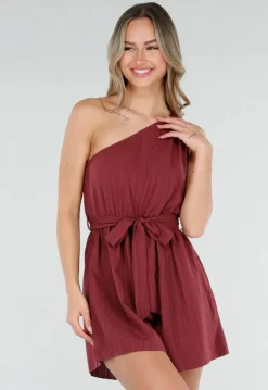 Bordeaux Playsuit met One Shoulder en Strik Tailleband