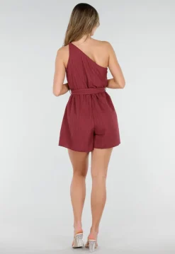 Bordeaux Playsuit met One Shoulder en Strik Tailleband