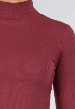 Bordeaux Rib Midi Jurk met Col en Lange Mouwen