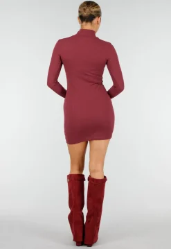 Bordeaux Rib Midi Jurk met Col en Lange Mouwen