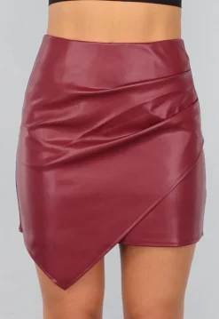 Bordeaux Rode Asymmetrische Lederlook Rok