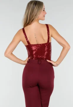 Bordeauxrode Body met Pailletten en Diepe Halslijn