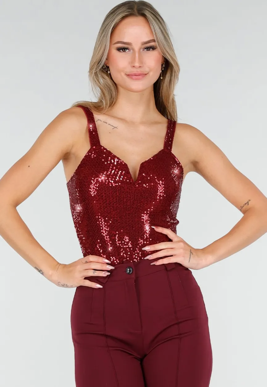 Bordeauxrode Body met Pailletten en Diepe Halslijn