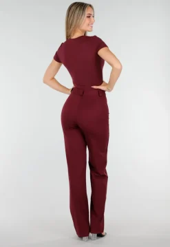 Bordeauxrode Bodysuit met Korte Mouwen en Diepe V-Hals in Stretchstof