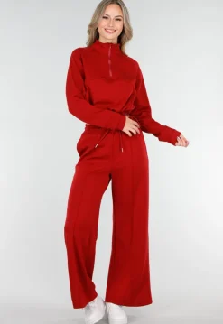 Bordeauxrode Broek met Wijde Pijpen en Elastische Taille