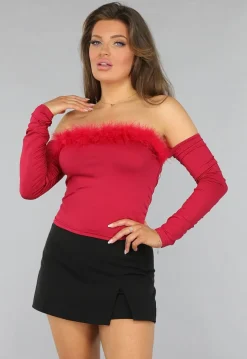 Bordeaux Rode Crop Top met Fluff