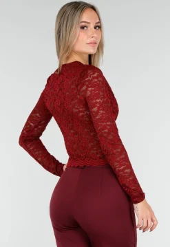 Bordeauxrode Crop Top met Kant en Lange Mouwen
