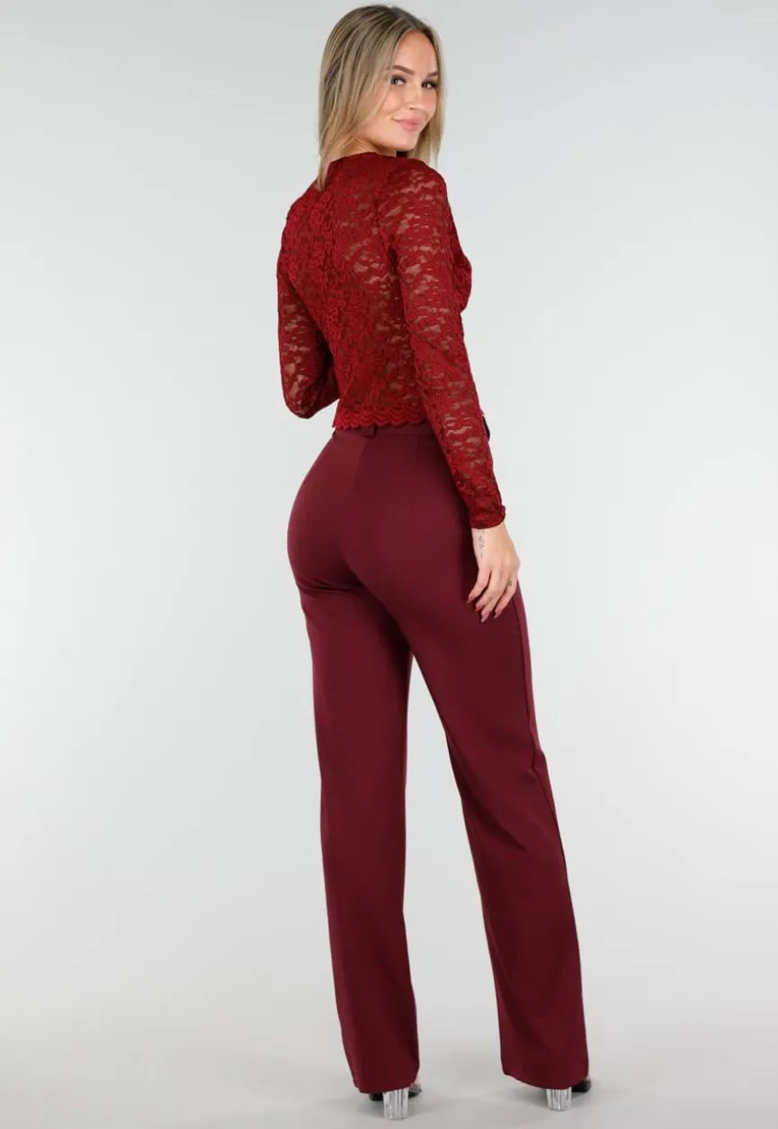 Bordeauxrode Crop Top met Kant en Lange Mouwen