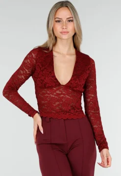 Bordeauxrode Crop Top met Kant en Lange Mouwen