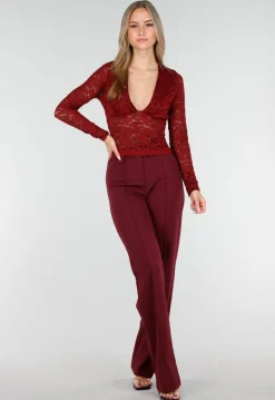 Bordeauxrode Crop Top met Kant en Lange Mouwen