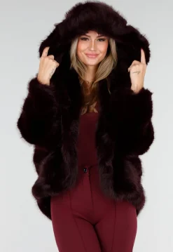 Bordeauxrode Faux Fur Jas met Capuchon