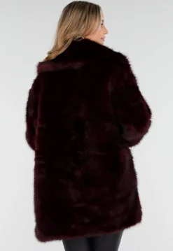 Bordeauxrode Faux Fur Jas met Ceintuur en Brede Kraag