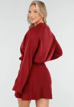 Bordeauxrode Gebreide 2-Piece Set met Trui en Rok